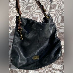 Vintage Fossil Black Leather Hobo Bag